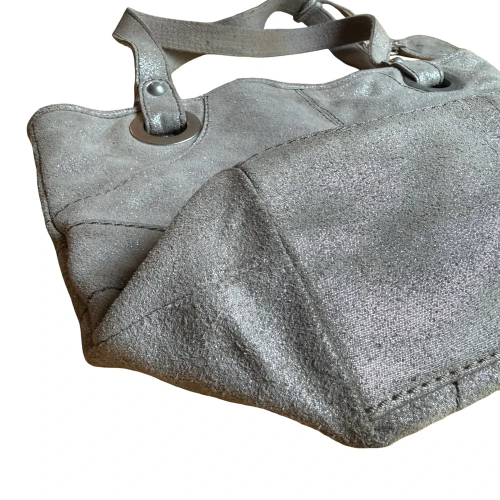 Fossil Metallic Suede Leather Double Handle Shoulder Bag Tote Purse 13x11x4